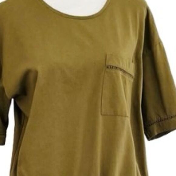 MORGIN olive green drawstring waist top, chest pocket, crochet accents - Picture 3 of 8